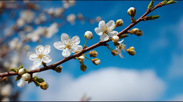 A close-up shot of cherry blossom flowers against a bright blue sky, the image conveys a sense of renewal, peace, and natural beauty