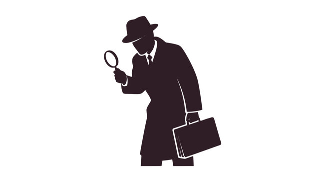 Silhouette of Detective with Magnifying Glass.