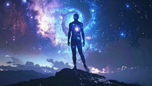 Cosmic human silhouette embodying a vibrant galaxy stands on a mountain peak under a luminous starry night sky digital art