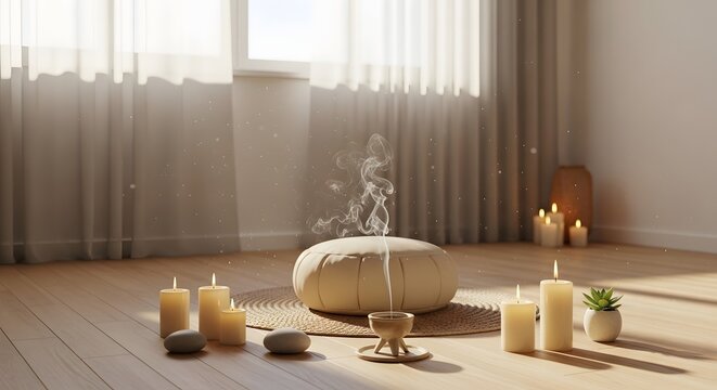 A serene meditation room with candles and a peaceful atmosphere