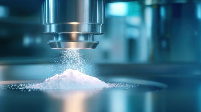A metallic nozzle disperses fine powder into a circular pile on a reflective surface, highlighting precision