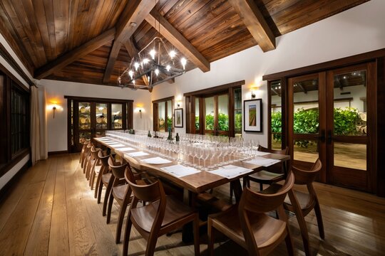 Long Dining Table Set for Gathering in Modern Space With Wood Features and Wine Glasses