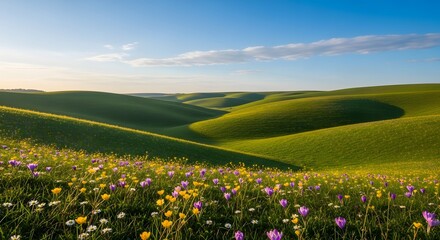 Fototapeta premium A serene landscape of rolling green hills with vibrant wildflowers in bloom
