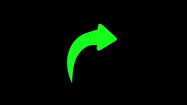 Arrow icon glows in bright green against a solid black background to indicate a forward motion or navigational direction for user interface design elements in mobile applications and website software.