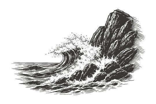 Dynamic hand drawn illustration of ocean waves crashing against rugged rocks, rendered in bold vintage engraving style.