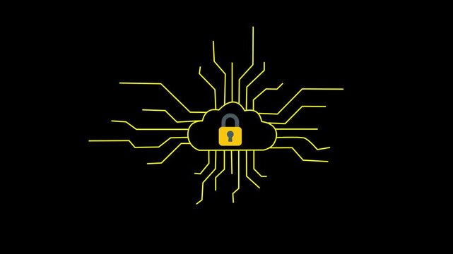 Padlock symbol sits inside a stylized yellow cloud icon featuring branching circuit board lines to illustrate robust database encryption and guarded information architecture for secure enterprise.