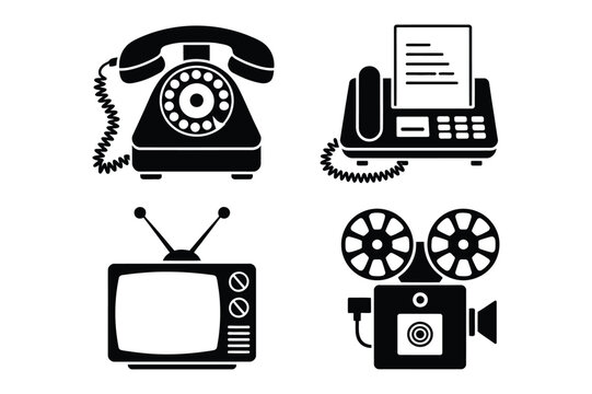 Vintage communication technology icons set with telephone television appliance
