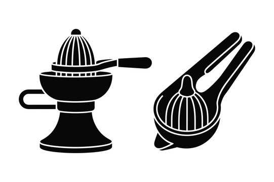 Manual citrus juicer and reamer icons with equipment handheld squeezer