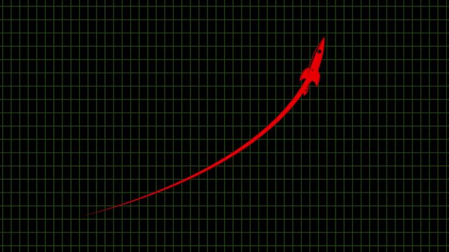 Rocket illustrates a rapid vertical ascent path captured as a red silhouette moving toward the top corner of a dark digital grid background to symbolize immense project success or business expansion.