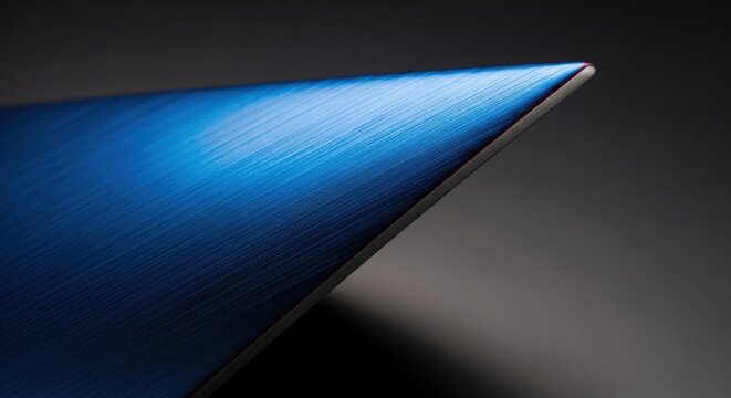 Anodized blue brushed aluminum surface with subtle texture and dramatic lighting