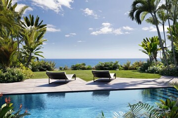 Obraz premium Enjoy Sea View From Poolside Chairs in Tropical Garden During Sunny Day Near Ocean