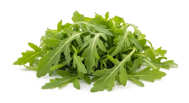 Fresh green arugula leaves isolated on white background, organic rocket salad pile, raw rucola herb for healthy cooking and culinary food design