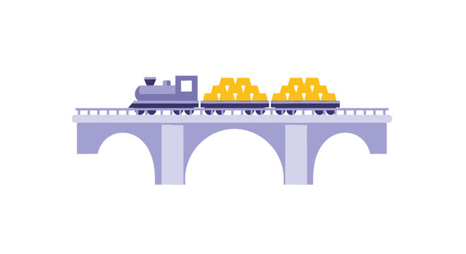 Cargo Train Moving Over Bridge with Gold and Silver Cargo Containers