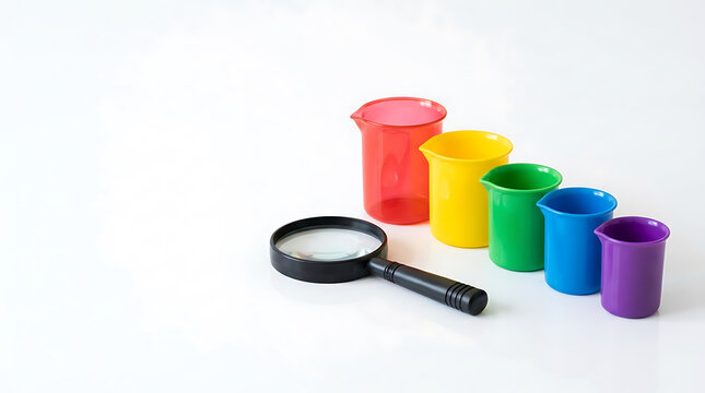 Science lab beakers in rainbow colors with magnifying glass
