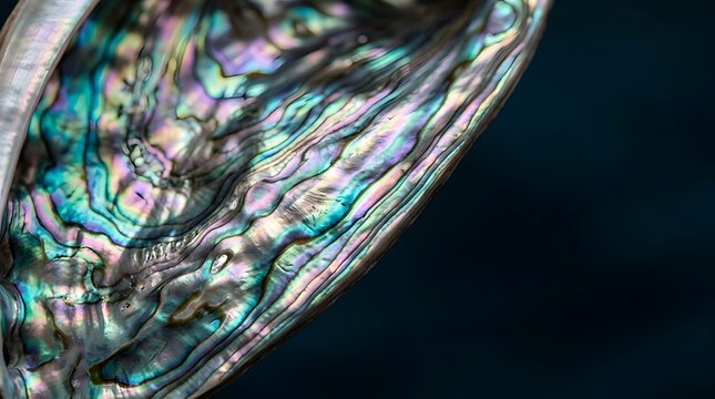 Close up of iridescent shell with shimmering colors on dark background