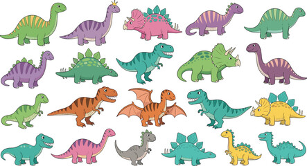 Cute Dinosaur Cartoon Collection Featuring Various Prehistoric Animals Including T Rex Triceratops Stegosaurus and Brontosaurus for Kids Illustration Design. © MstSuborna