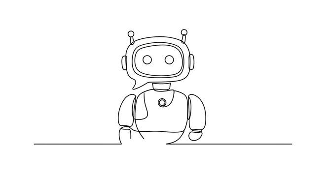 Minimalist robot chatbot icon, single line drawing, artificial intelligence concept, white background