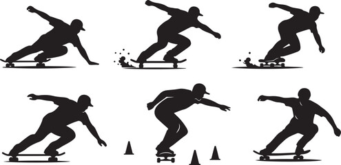 Fototapeta premium Black skateboarder silhouettes, skateboarding poses, vector graphics, sports icons, action figures