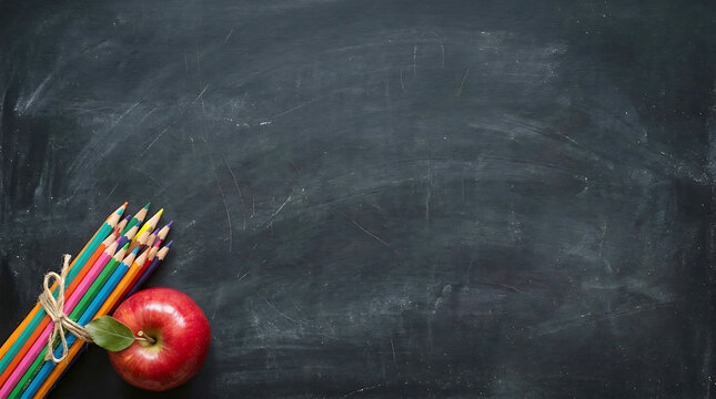 Bundle of colored pencils and red apple on empty chalkboard