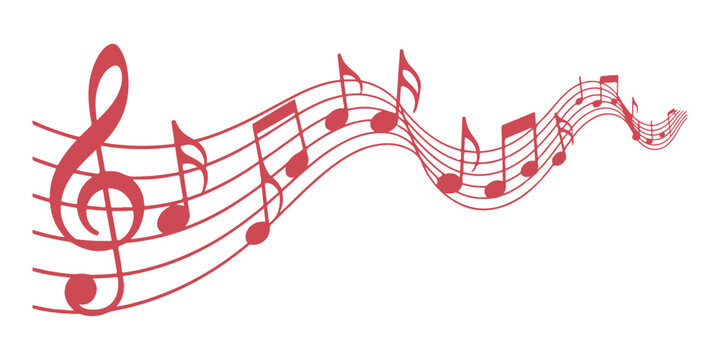 Melody flowing music notes graphic element, red musical symbols on transparent background, artistic composition.