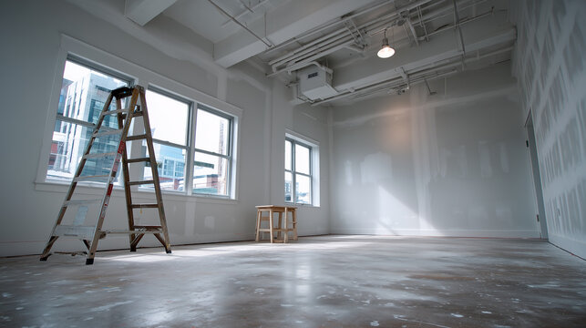 An office is being prepared for lease handover, with white walls repaired by filling nail holes and smoothing putty for restoration.