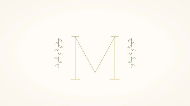 Elegant M letter monogram in gold linework outline serif with sage eucalyptus and olive botanical sprigs on cream ivory background, minimalist editorial wedding invitation seamless loop in 4K