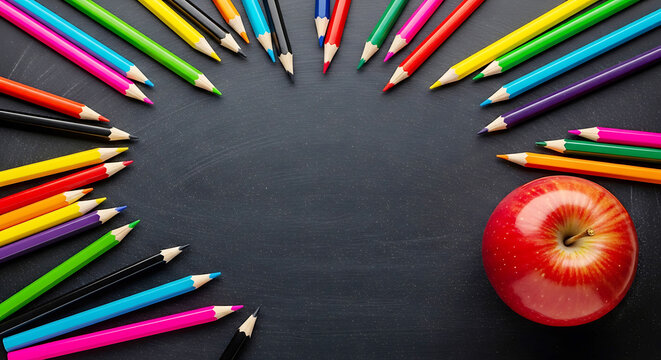 Circular frame of colored pencils with red apple on chalkboard