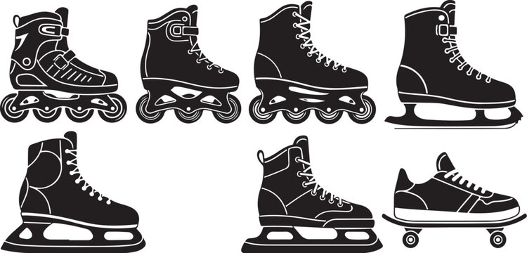 Roller skates, ice skates, skate set, black icons, wheels, blades
