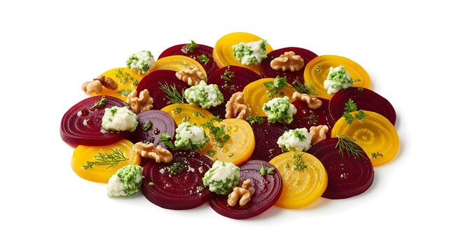 Gourmet beetroot carpaccio salad with yellow and red beet slices, fresh goat cheese crumbles and walnuts, healthy vegetarian appetizer on white background