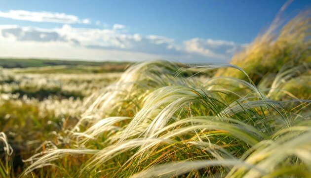 Close-up of golden feather grass swaying softly in a vast green field under a clear blue sky creating a peaceful natural landscape