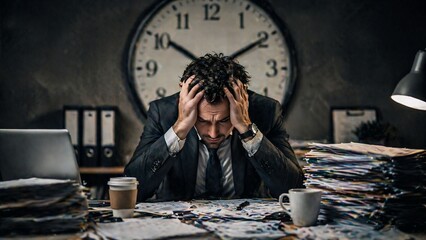 Obraz premium Stressed businessman overwhelmed by paperwork and deadlines in busy office