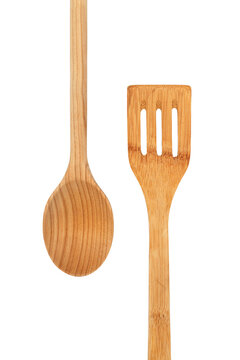Wooden kitchen spoon and spatula isolated on white
