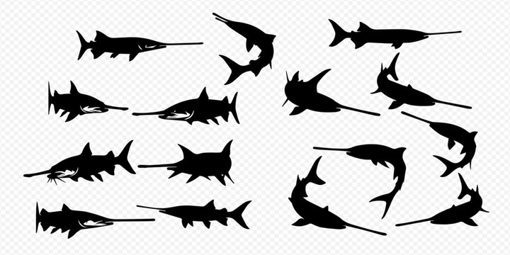 Collection of various swordfish and sawfish silhouettes, representing different marine life in black vector illustrations.