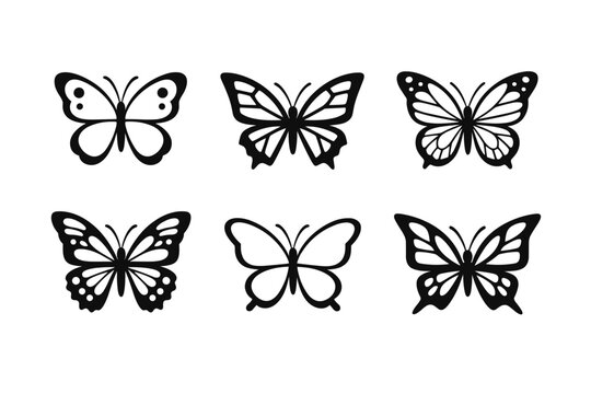 Collection of six black butterfly icons with diverse wing patterns and elegant shapes. Minimalist vector silhouettes perfect for logo design, tattoos, nature graphics, and decorative elements.