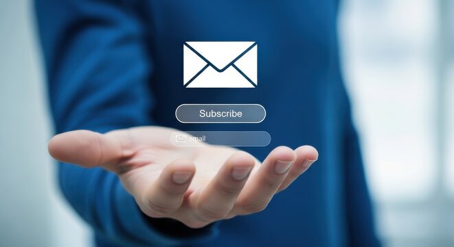 Digital email subscription icon hovering over open hand, newsletter sign up button interface, email marketing and communication concept