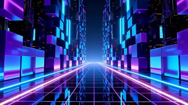 Futuristic neon cityscape with glowing lines