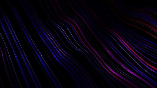 Abstract neon blue purple and red flowing wave lines on dark background. Smooth luminous streaks forming dynamic layered waveform with depth and vibrant glow. Futuristic digital oscillation loop 4K.
