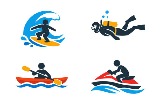 Exciting water sports icon set featuring surfing, scuba diving, kayaking, and jet skiing. Simple flat vector illustrations of summer outdoor activities, extreme sports, and ocean adventures.