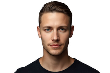 Naklejka premium Young man portrait looking at camera with blue eyes, brown hair, and light stubble beard on transparent background