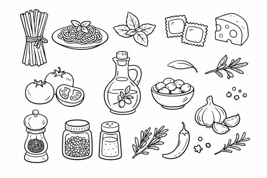 Hand Drawn Italian Food Sketch Icon Set with Pasta, Basil, Ravioli, Olive Oil, Seasoning, Tomatoes, Garlic, Cheese, and Spices. Outline Vector Illustration for Cooking and Mediterranean Cuisine.