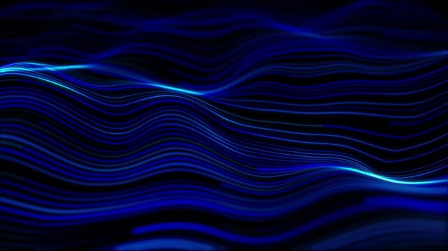 Abstract Blue Light Trail Waves. Twisted Curves Glow Lines. Cold Tech Cosmic Background. Horizontal Flow Energy Surface. Neon Blue Pulse Lines. Dynamic Curve Grid Depth. Seamless Loop. 4K 60fps