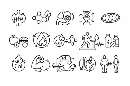 Metabolism Line Icons Set for Metabolic Process, Healthy Digestion, Calorie Burning, Weight Loss, Muscle Building, DNA, Mitochondria, Energy, Nutrition, Fitness, and Glucose Level Symbols.