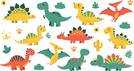 Cute Dinosaur Cartoon Set Featuring Colorful Dinos Including T Rex Stegosaurus Triceratops and Pterodactyl for Kids Illustration Design. © MstSuborna