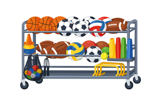 Sports Equipment Storage Cart with Rolling Trolley Rack for Physical Education Gym Class, Featuring Basketballs, Soccer Balls, Footballs, Volleyballs, Cones, Hurdles, and Jump Rope on White.