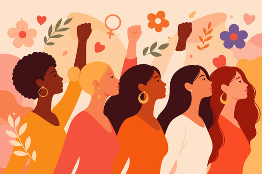 Diverse Group of Women Standing Together with Raised Fists for Women's History Month, International Women's Day, Empowerment, Equality, and Sisterhood Flat Vector Illustration with Flowers