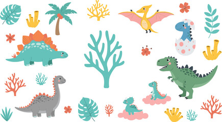 Cute Dinosaur Cartoon Set with Baby T Rex Stegosaurus Pterodactyl and Prehistoric Plants for Kids Illustration and Nursery Design. © MstSuborna