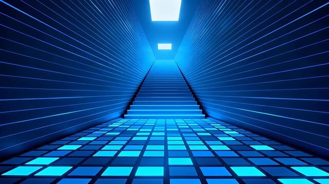 Blue neon corridor with stairs
