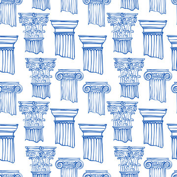 Seamless Pattern Antique Colomn, Hand Drawing Line Art Style, Greek Statue, Sculpture