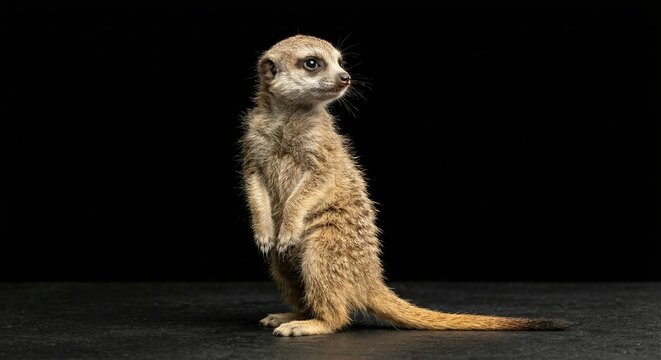 Meerkat standing on guard looking away, wildlife studio portrait on black background