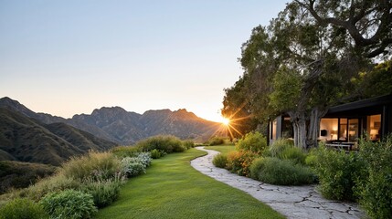 Naklejka premium Scenic view of a landscaped garden with a stone pathway leading to a modern house, surrounded by mountains and a sunset in the background
